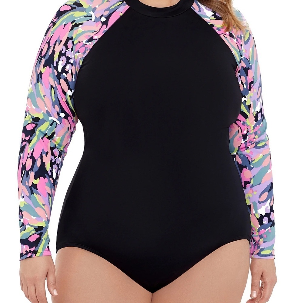 Avia 💙 Black and Colorful Long Sleeve Women's Swimsuit